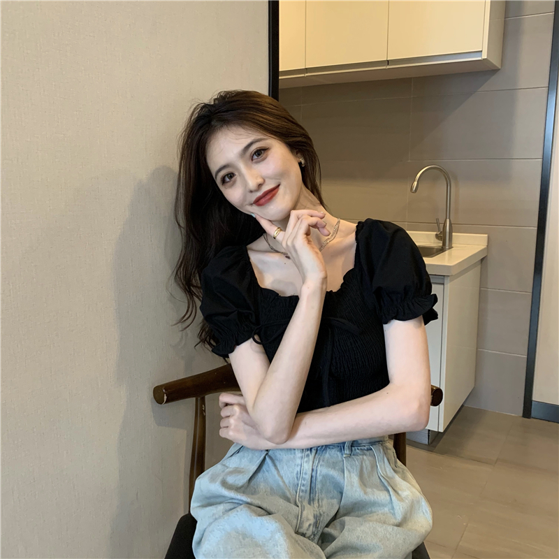 Short Slim Puff Sleeve Square Neck Clavicle Top French Short Sleeve Summer New Hot Girl Shirt