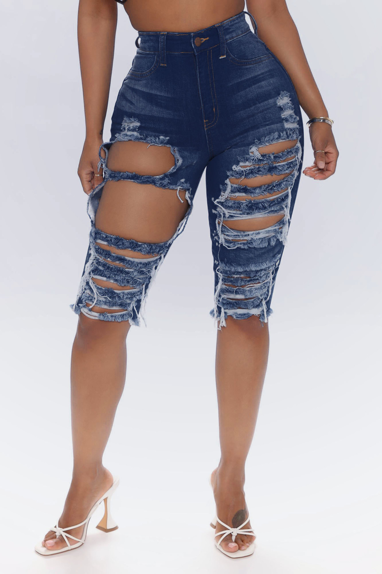 Xia Europe And The United States Ripped Elastic Denim Pants Dark Blue - Shop at LoveMi