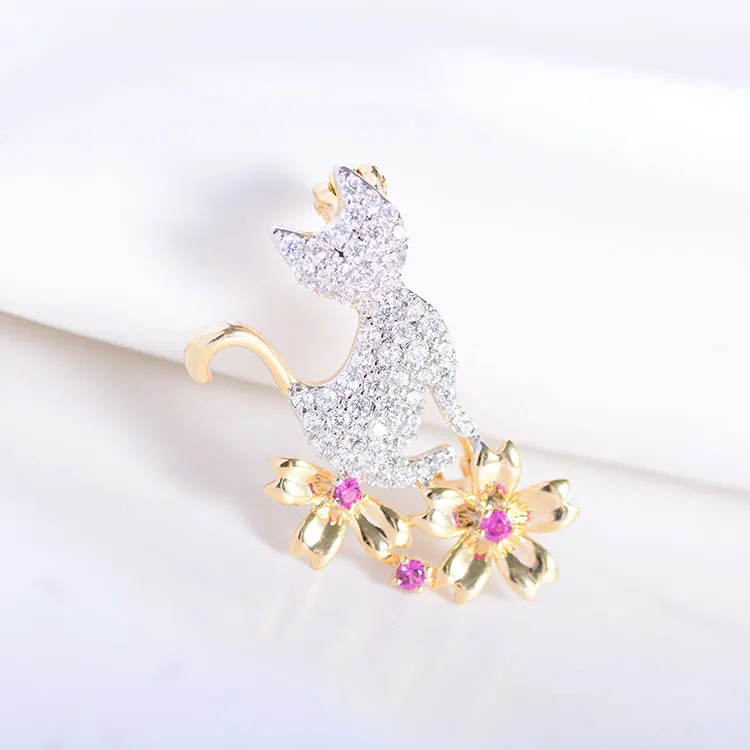 Japanese And Korean Girl Heart Kitten Flower Small Brooch - Gold
