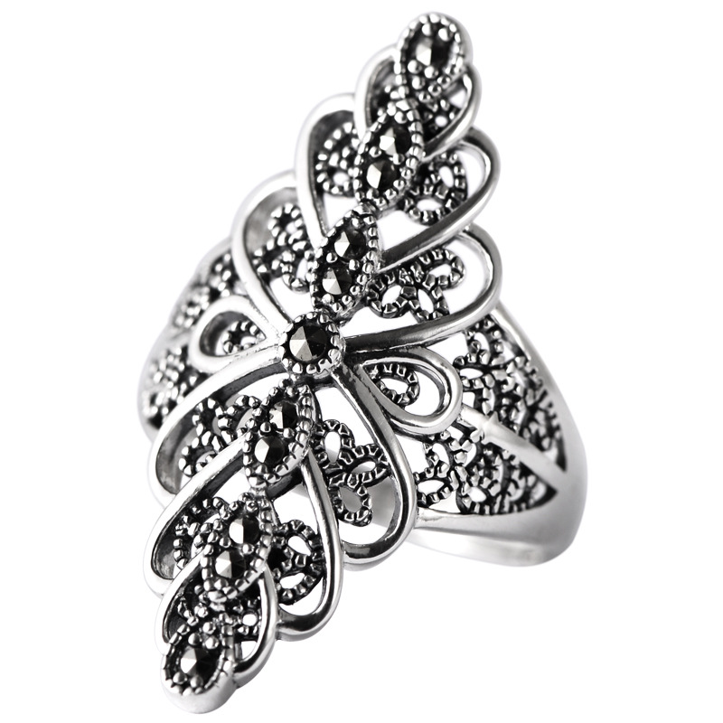 S925 Sterling Silver Retro Palace Style Diamond Lace Wide Version Exaggerated Petals Ladies  Atmosphere Personality Silver Ring