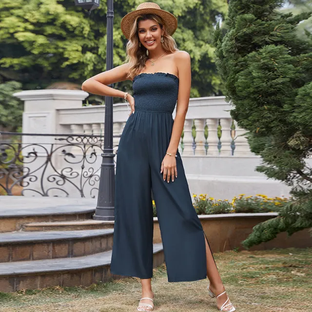 Beautiful Women'S Solid Color High Waist Tighten Tube Top Halter Ladies Jumpsuit Blue - Shop at LoveMi