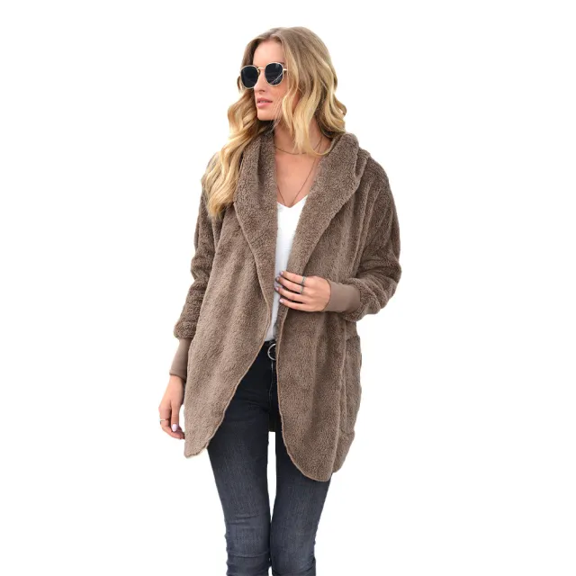 Cross Border Hot Models European Foreign Trade Women'S Clothing Europe And America Autumn And Winter Plush Mid Length Hooded Jacket Khaki - Shop at LoveMi