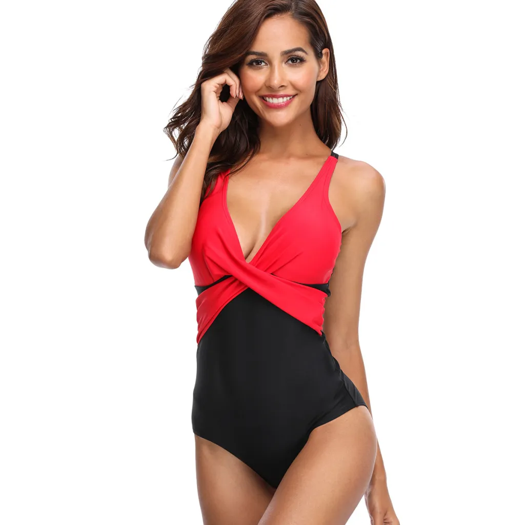 Sexy Solid color One Piece Swimsuit Women Swimwear Bodysuit Swimsuit Female Push Up Monokini High Waist Bathing Suits Beach Wear - Red