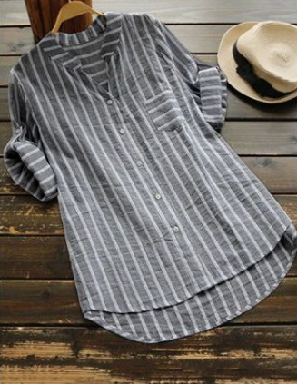 Summer Casual V-Neck Striped Three-Quarter Sleeve Women'S Shirt