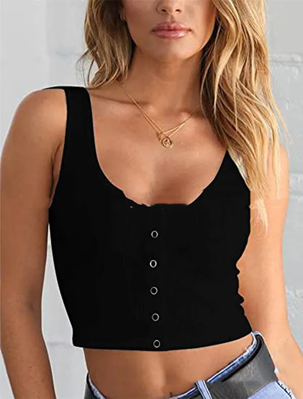 Slim Ladies Button Embellished Ribbed Umbilical Short Vest Top Black - Shop at LoveMi