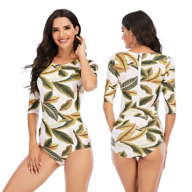 One piece Long sleeved Surfing Suit Sunscreen Female Swimsuit Hot Spring Diving Suit Sexy Swimsuit Leaf - Shop at LoveMi