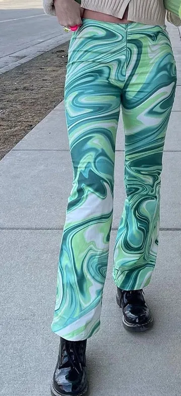 Clothing Fashion Street Water Ripple Printing Zipper Micro Pants Women Green - Shop at LoveMi