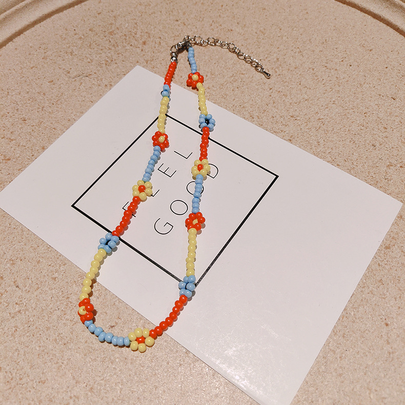 Cute Hyuna Style Flower Clavicle Chain Colorful Rice Beads Hand-Woven