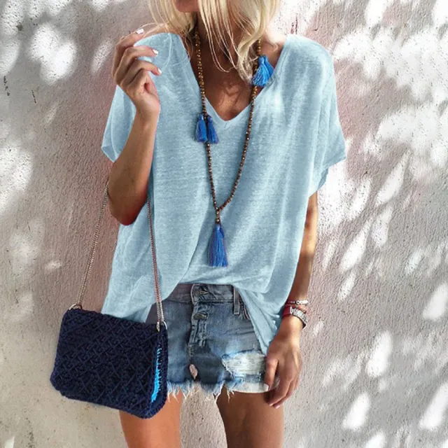 Oversized Loose V neck Short sleeved T shirt Blue - Shop at LoveMi