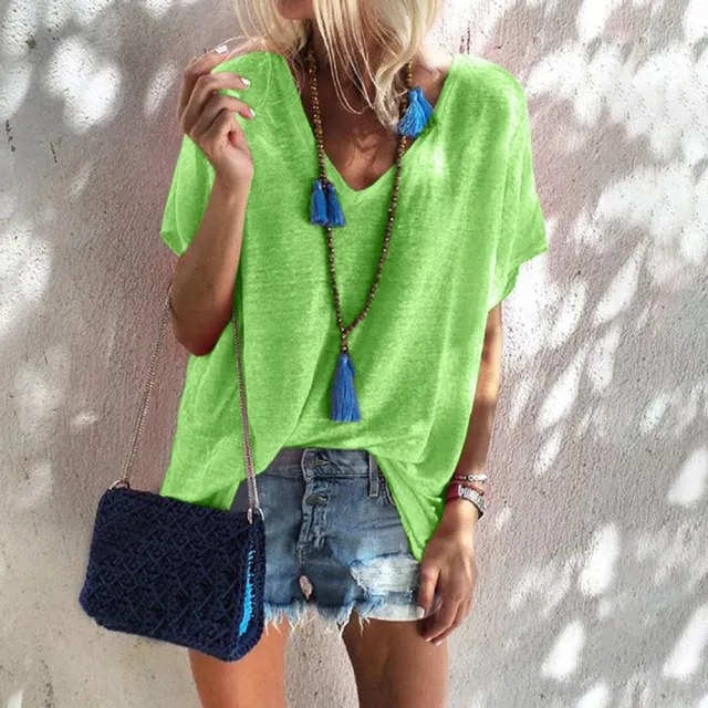 Oversized Loose V neck Short sleeved T shirt Green - Shop at LoveMi