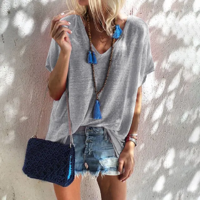 Oversized Loose V neck Short sleeved T shirt Grey - Shop at LoveMi