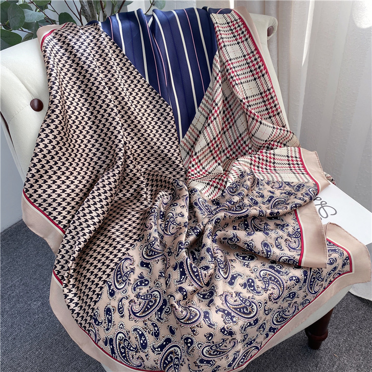 Cashew Flower Fashion Four-Pattern Stitching Silk Scarf Women Spring And Summer Silk Silk Scarf Satin Large Square Scarf Shawl