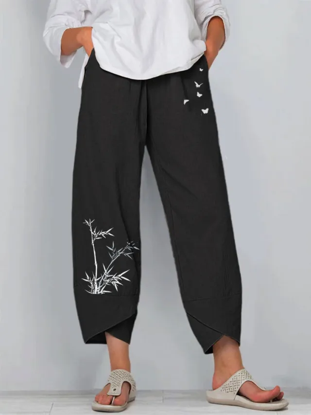 Printed Ladies Elastic Waist Casual Pants Black - Shop at LoveMi