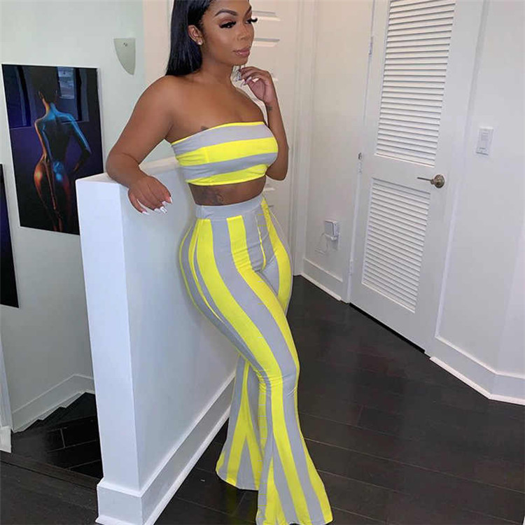 Two Piece Sexy Color Striped Wrap Chest Separate Pants Suit