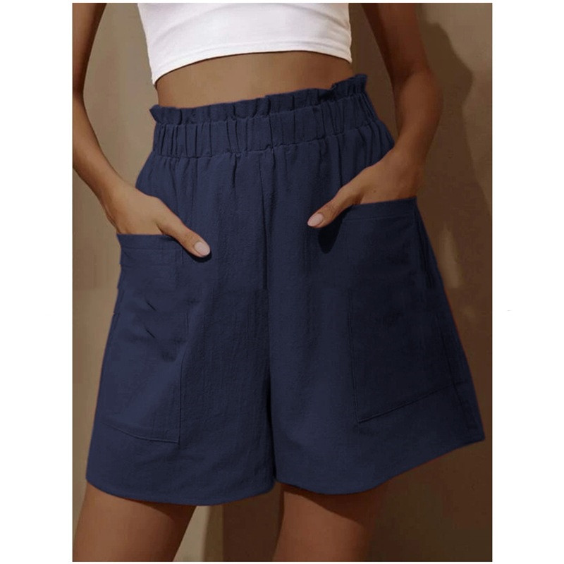 Cotton Linen Flower Bud High Waist Shorts Fashion Large Size Wide Leg Casual Pants Blue - Shop at LoveMi