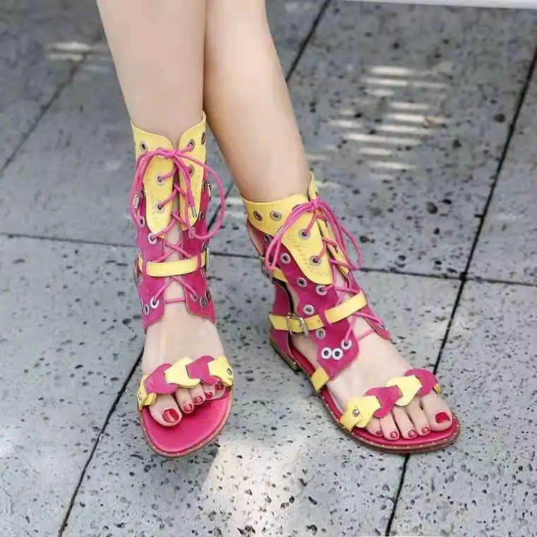 Breathable Flat-Heel Roman Shoes Color Matching Lace-Up Ladies Sandals
