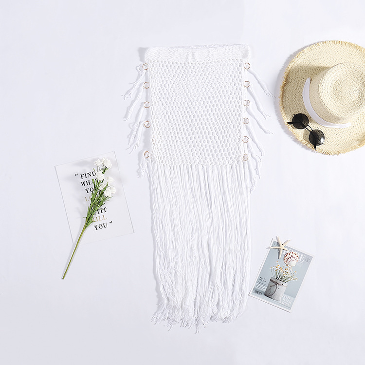 Bohemian Style Perspective Hollow Out Knitted Skirt Women''S Tassel Holiday Skirt Hand Hook Knitted Beach Sunscreen Skirt