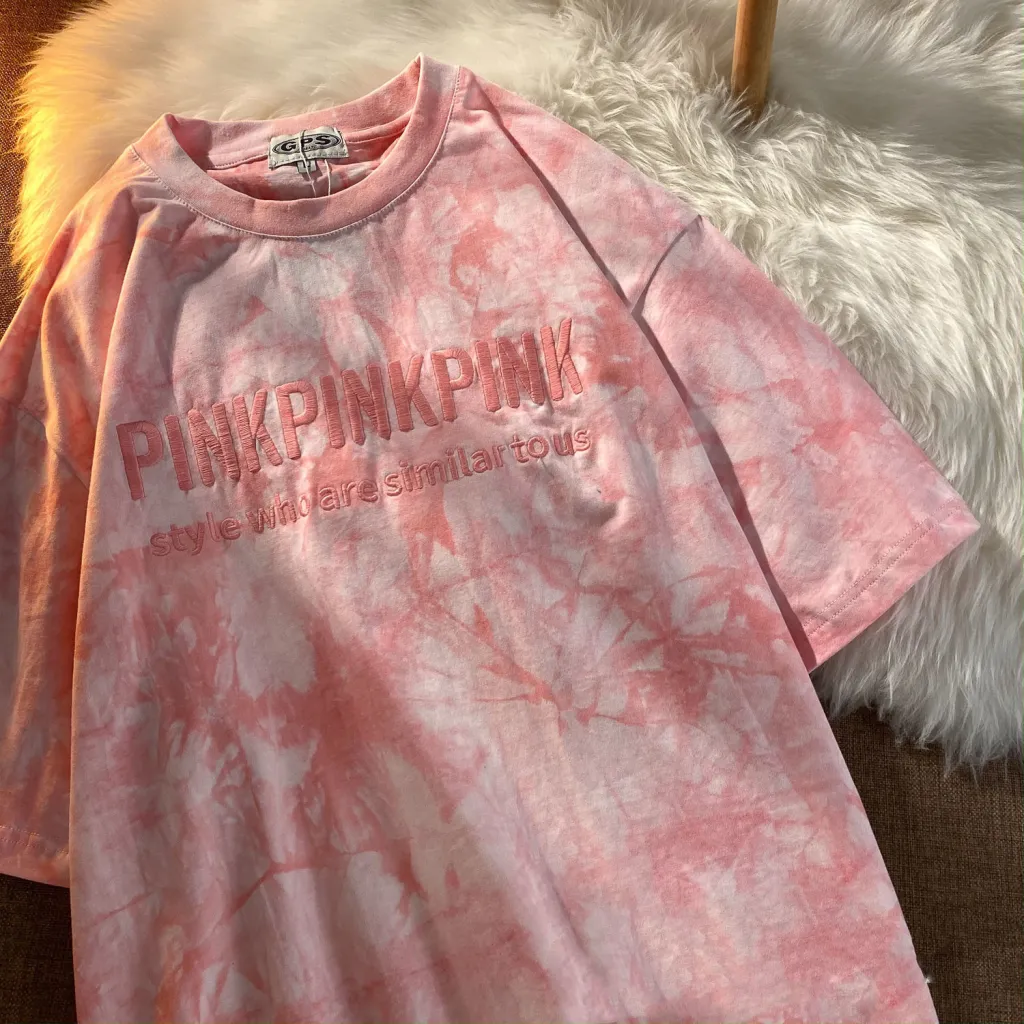 Tie-Dye Letter Embroidered Short-Sleeved t-Shirt - Pink