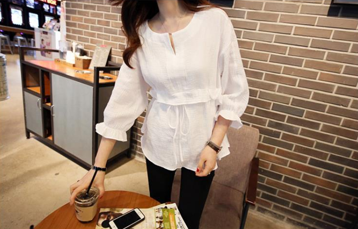 Summer Fashion Loose Cotton And Linen Waist Tie Baby Shirt