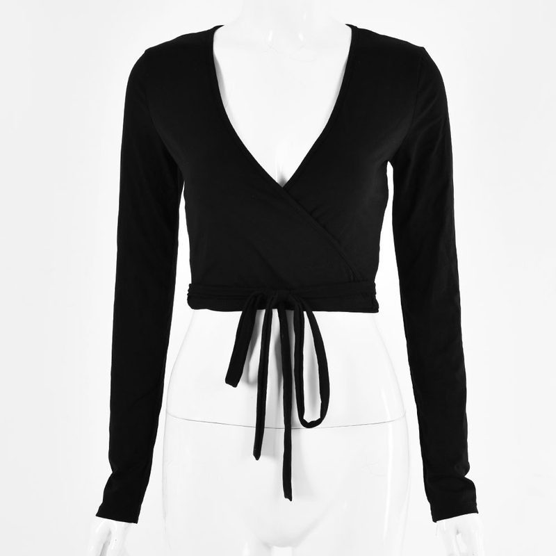 Sexy T-Shirt Deep V Navel Bare Low-Cut Lace-Up Long Sleeve Top