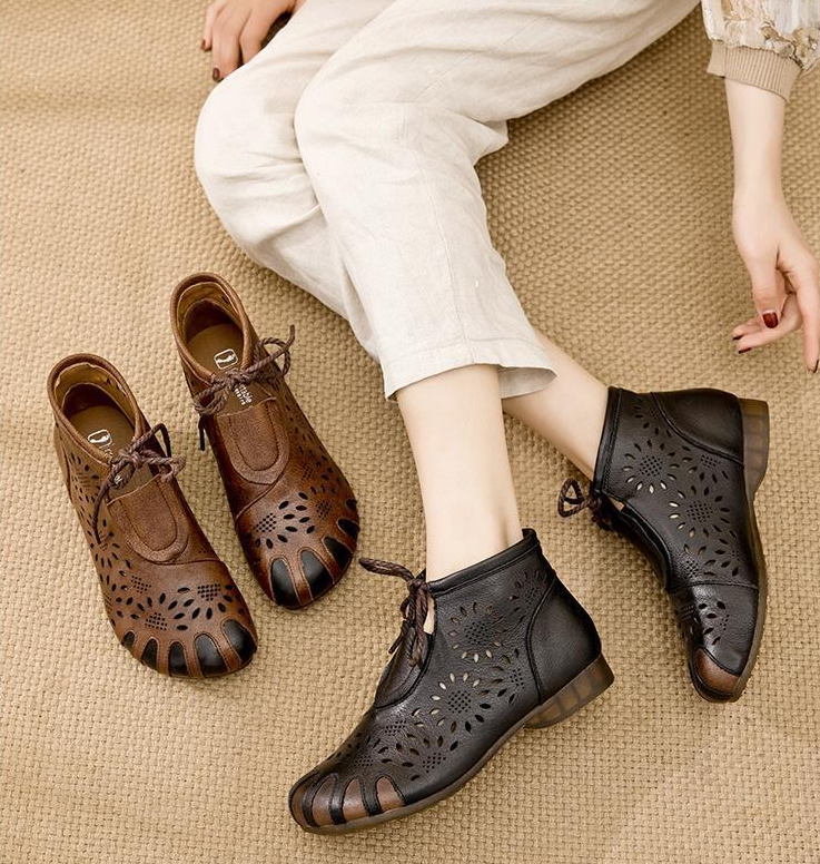 Hollow Short Boots Retro Women'S Shoes Summer Sandals Flat Ethnic Style Middle-Aged Mother Sandals Leather Soft Bottom Hole Shoes
