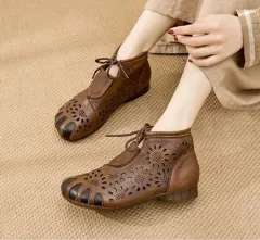 Hollow Short Boots Retro Women'S Shoes Summer Sandals Flat Ethnic Style Middle-Aged Mother Sandals Leather Soft Bottom Hole Shoes - Brown - View 1