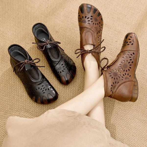 Hollow Short Boots Retro Women'S Shoes Summer Sandals Flat Ethnic Style Middle-Aged Mother Sandals Leather Soft Bottom Hole Shoes