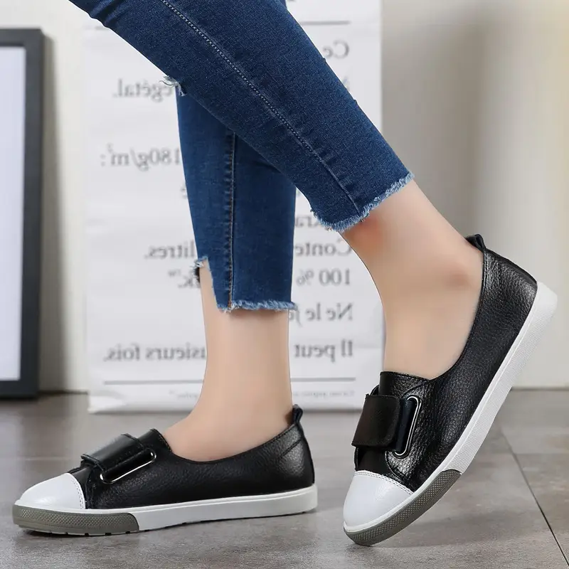 Leather Small White Shoes Women's Large Women's Single Shoes Versatile Velcro Cowhide School Board Shoes