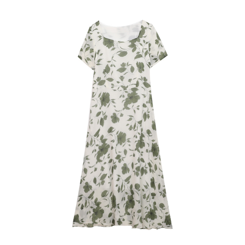 Summer New Style Square Neck Chiffon Skirt Green Leaf Print Skirt