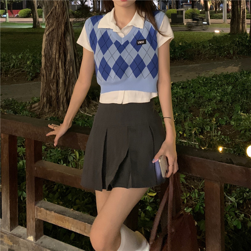 Title 2, Summer New American Rhombus Blue Cropped Top Sw...