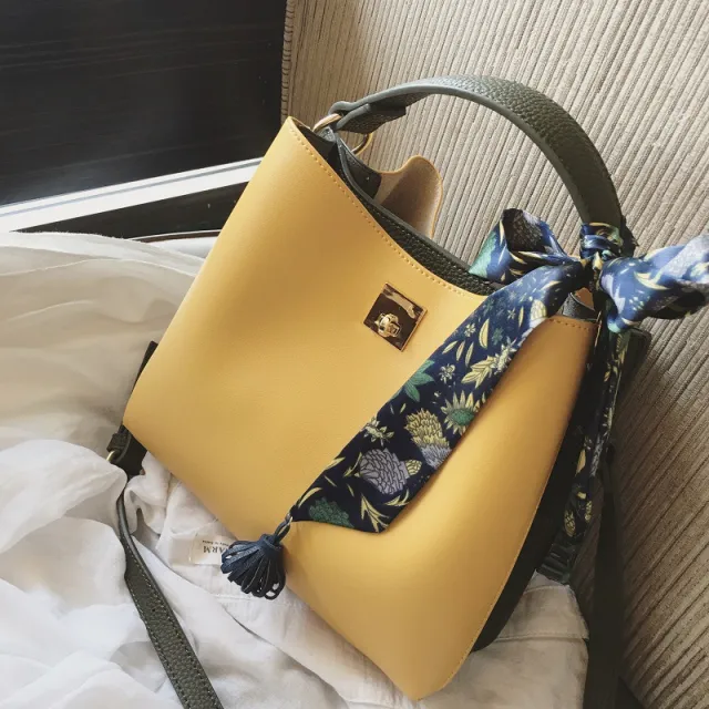 Fashion Casual Hit Color Bucket Bag Simple One Shoulder Messenger Bag Silk Scarf Handbag Yellow - Shop at LoveMi