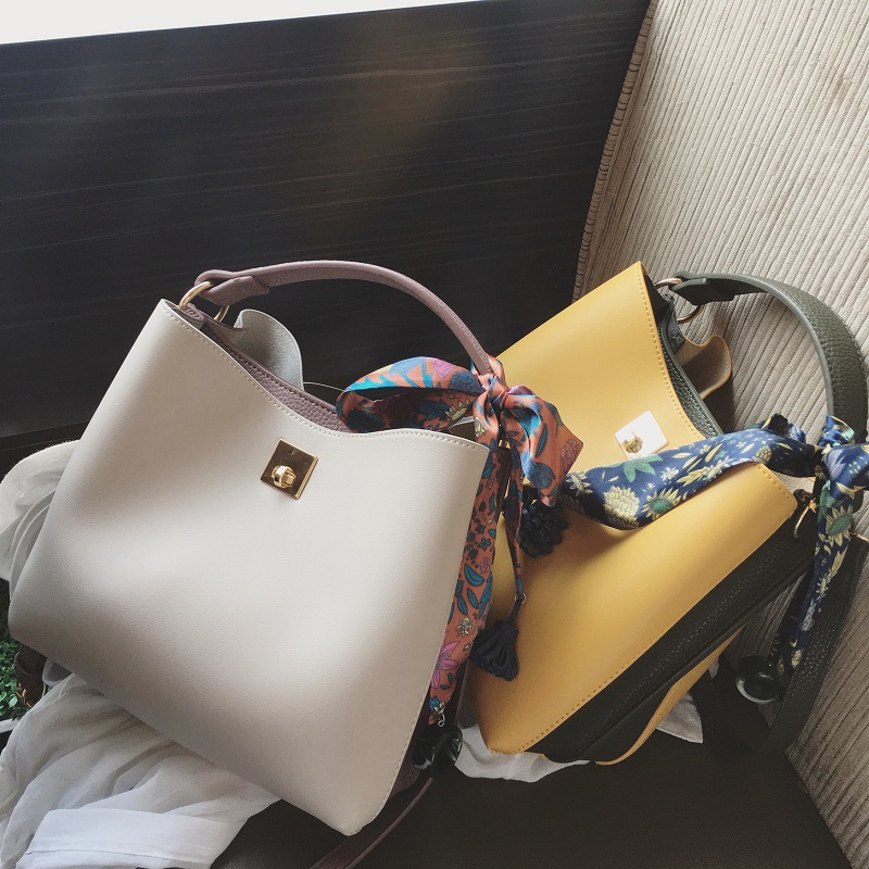Fashion Casual Hit Color Bucket Bag Simple One-Shoulder Messenger Bag Silk Scarf Handbag