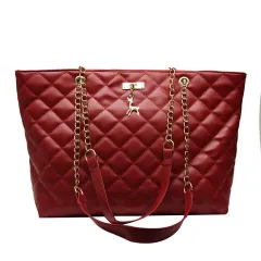 Fashion Lingge Embroidered Thread Shoulder Bag Large Capacity Leisure - Red - View 1