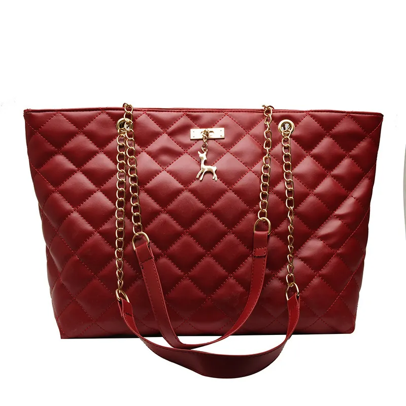 Fashion Lingge Embroidered Thread Shoulder Bag Large Capacity Leisure - Red