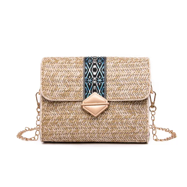 Summer New National Style Straw Woven Bag Seaside Holiday Leisure Woven Women'S Bag Single Shoulder Bag Chain Messenger Bag Grey - Shop at LoveMi