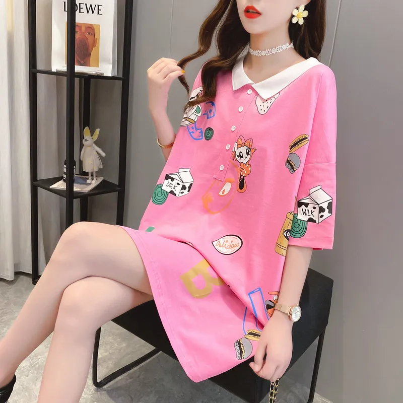 Large-Size Loose-Fitting Short-Sleeved T-Shirt Women'S Mid-Length Polo Shirt On Both Sides - Pink