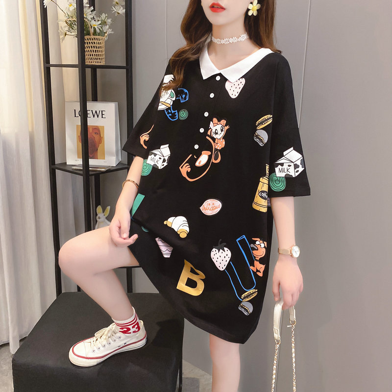 قميص بولو نسائي متوسط الطول بأكمام قصيرة وتصميم واسع مقاس كبير من الجهتين