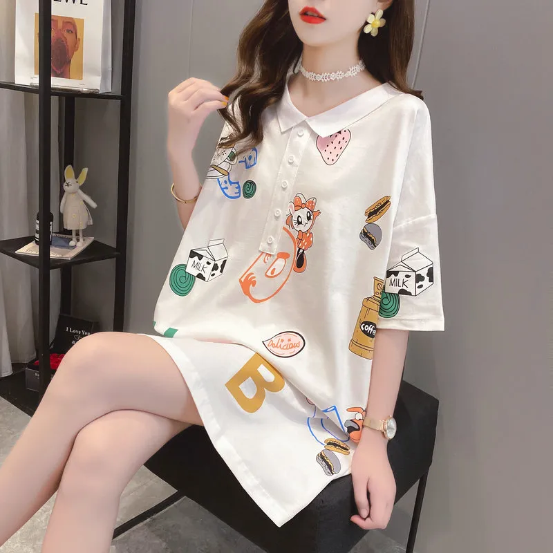 Large-Size Loose-Fitting Short-Sleeved T-Shirt Women'S Mid-Length Polo Shirt On Both Sides - White