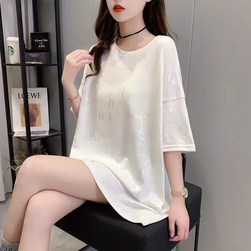Short-Sleeved T-Shirt Women'S Summer Plus Size Women'S Clothing New Korean Ins Tide Print Top - White