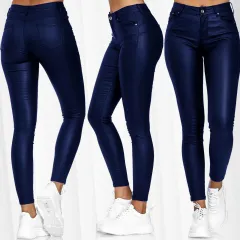 Pure color PU casual pants - Royal Blue - View 1