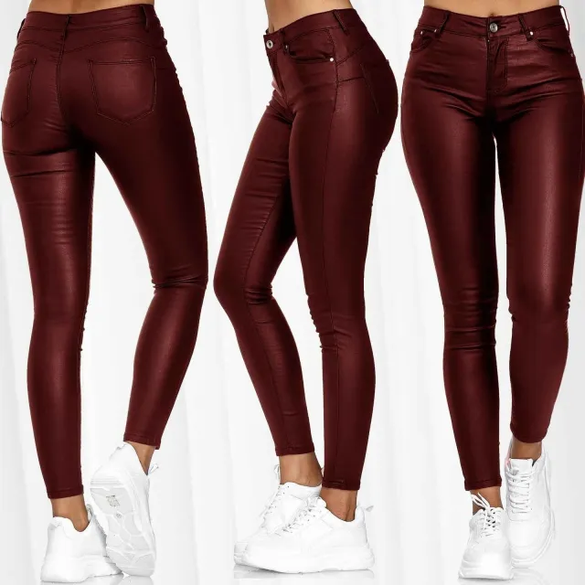 Pure color PU casual pants Red Wine - Shop at LoveMi
