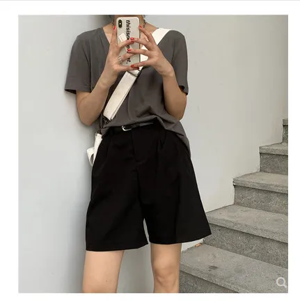 Women's Five point Pants Suit Shorts Loose, Thin And Super High Waist A line Black - Shop at LoveMi