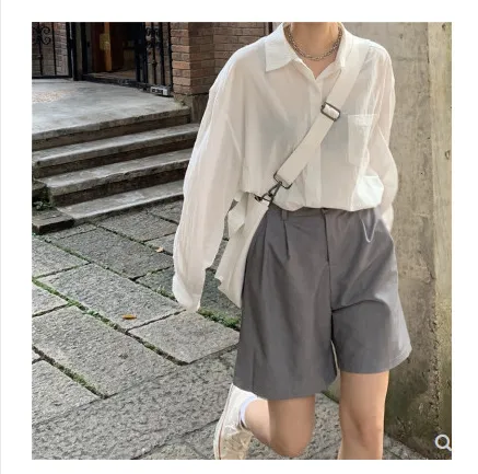 Women's Five point Pants Suit Shorts Loose, Thin And Super High Waist A line Gray - Shop at LoveMi