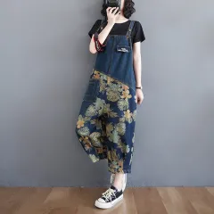 Casual Plus Size Denim Overalls Women'S Printed Stitching Harem Pants - Dark Blue - View 1