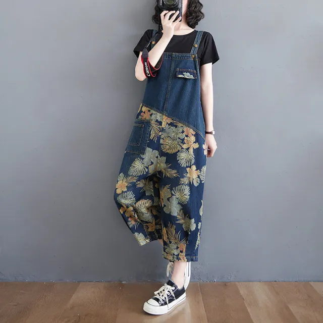 Casual Plus Size Denim Overalls Women'S Printed Stitching Harem Pants Dark Blue - Shop at LoveMi
