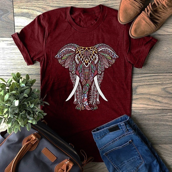 Wish European And American Women'S Foreign Trade Elephant Print Round Neck Short-Sleeved Shirt T-Shirt