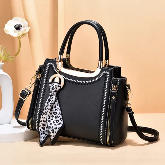 Trendy Handbag Silk Scarf Ornaments Large Capacity Shoulder Bag Black - Shop at LoveMi