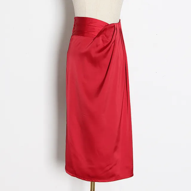 Women's Solid Color Half Length Skirt Autumn Mid Length High Waist Slim Slimming Split Hip Skirt Women Red - Shop at LoveMi