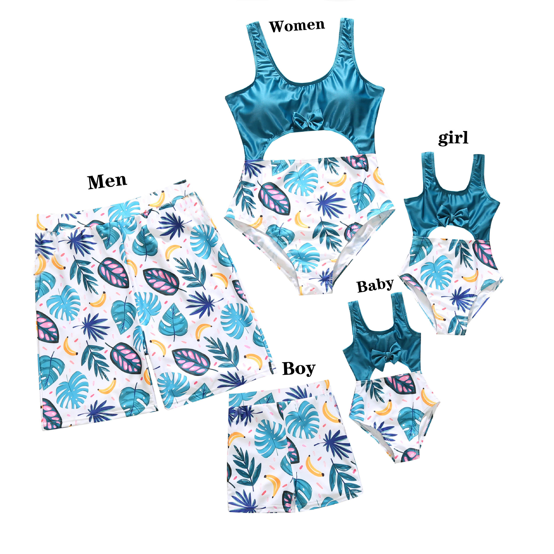 Parent-child Family One-piece Swimsuit Beach Shorts European And American Aolid Color Bow Print Swimsuit
