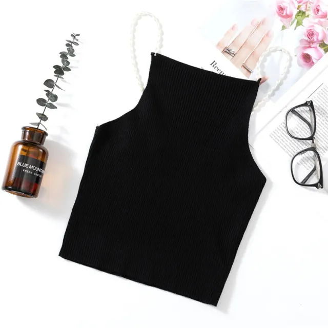 Ladies Style New Pearl Chain Knitted Camisole Slim Short Halter Solid Color All Match Vest Women Black - Shop at LoveMi
